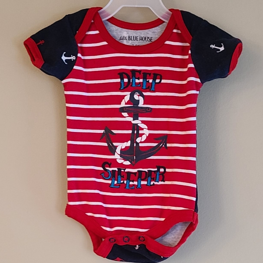 "Deep Sleeper" red striped short sleeved onesie/bodysuit with anchor detail